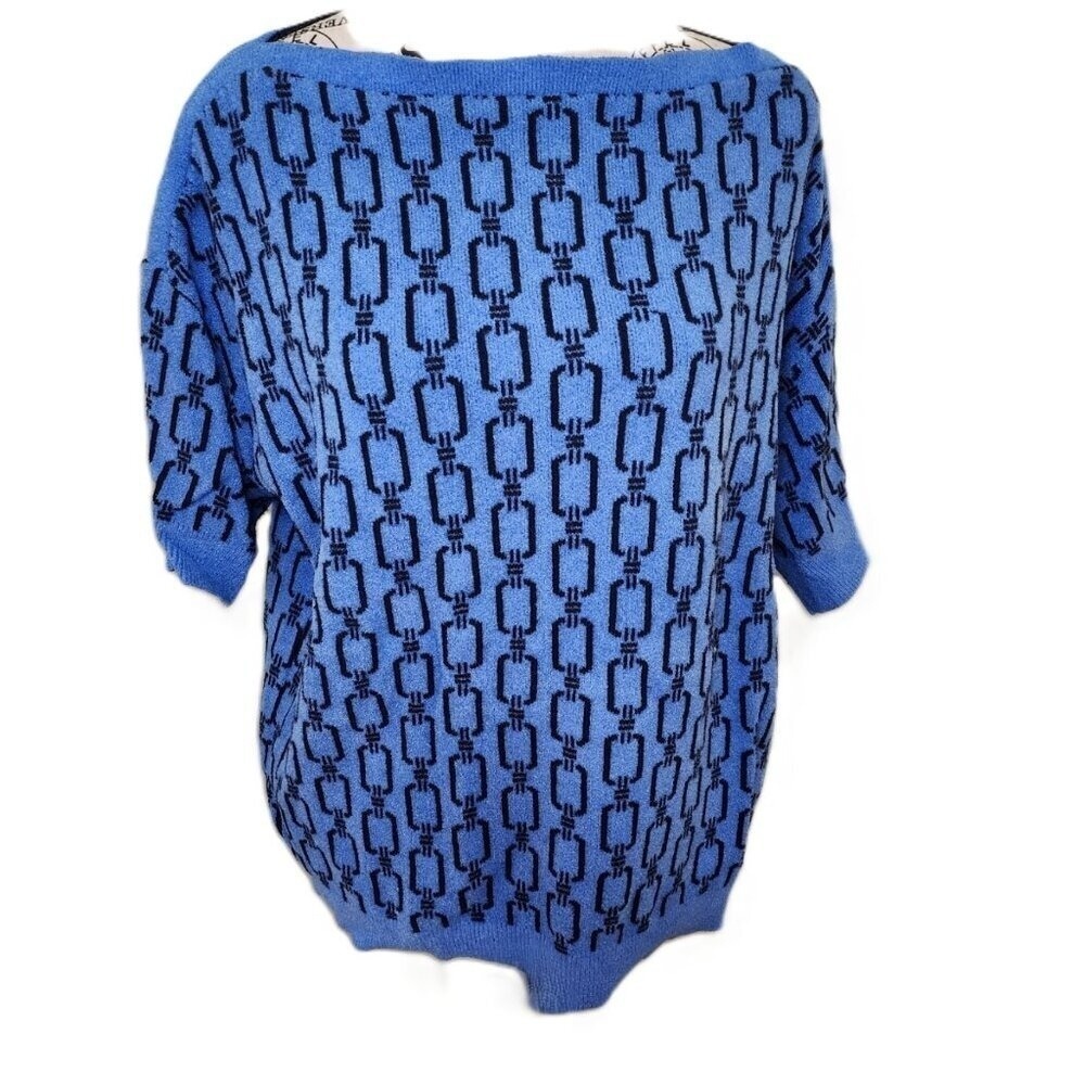 Ann Taylor Chain Print Boatneck Sweater Tee Blue Black Size L